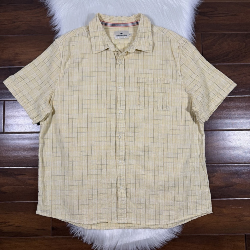 Normal Brand Mens Size 2XL Yellow Textured Cotton Button Down Shirt Short Sleeve
